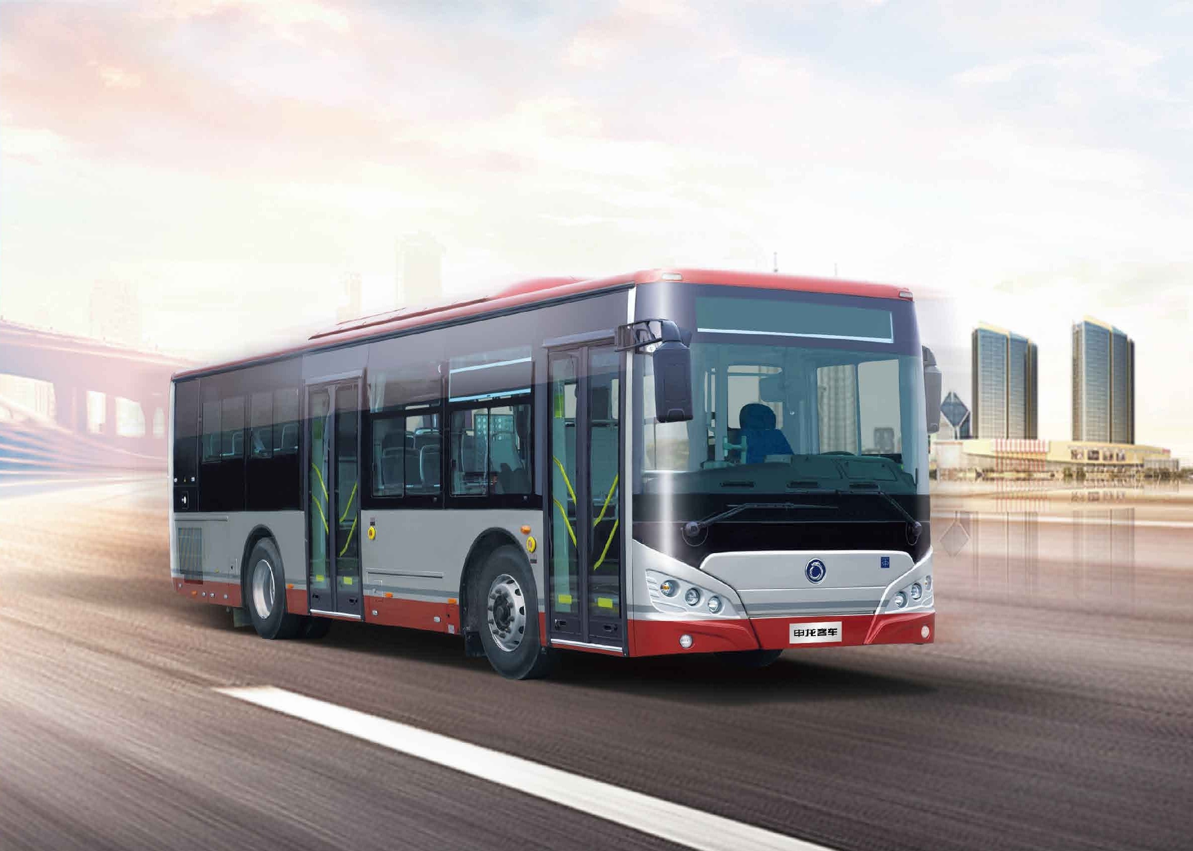 Sunlong SLK6129HEV series hybrid city bus with a modern city skyline